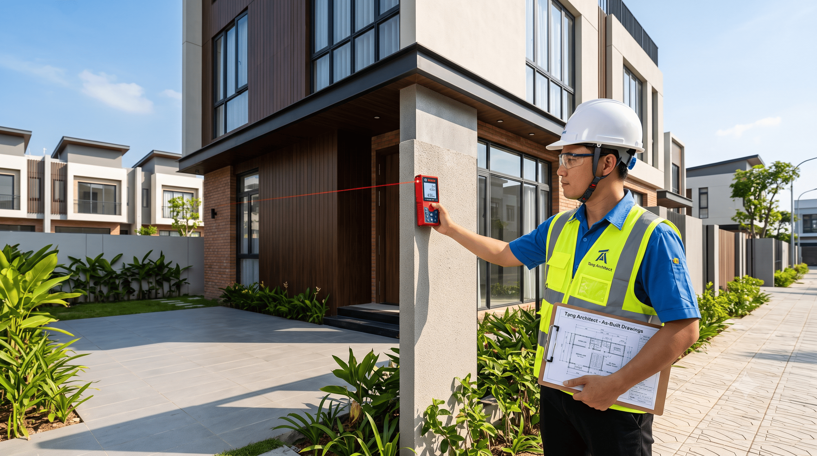 Kỹ sư Tạng Architect đo vẽ kiểm tra khoảng lùi và cao độ hoàn công thực tế