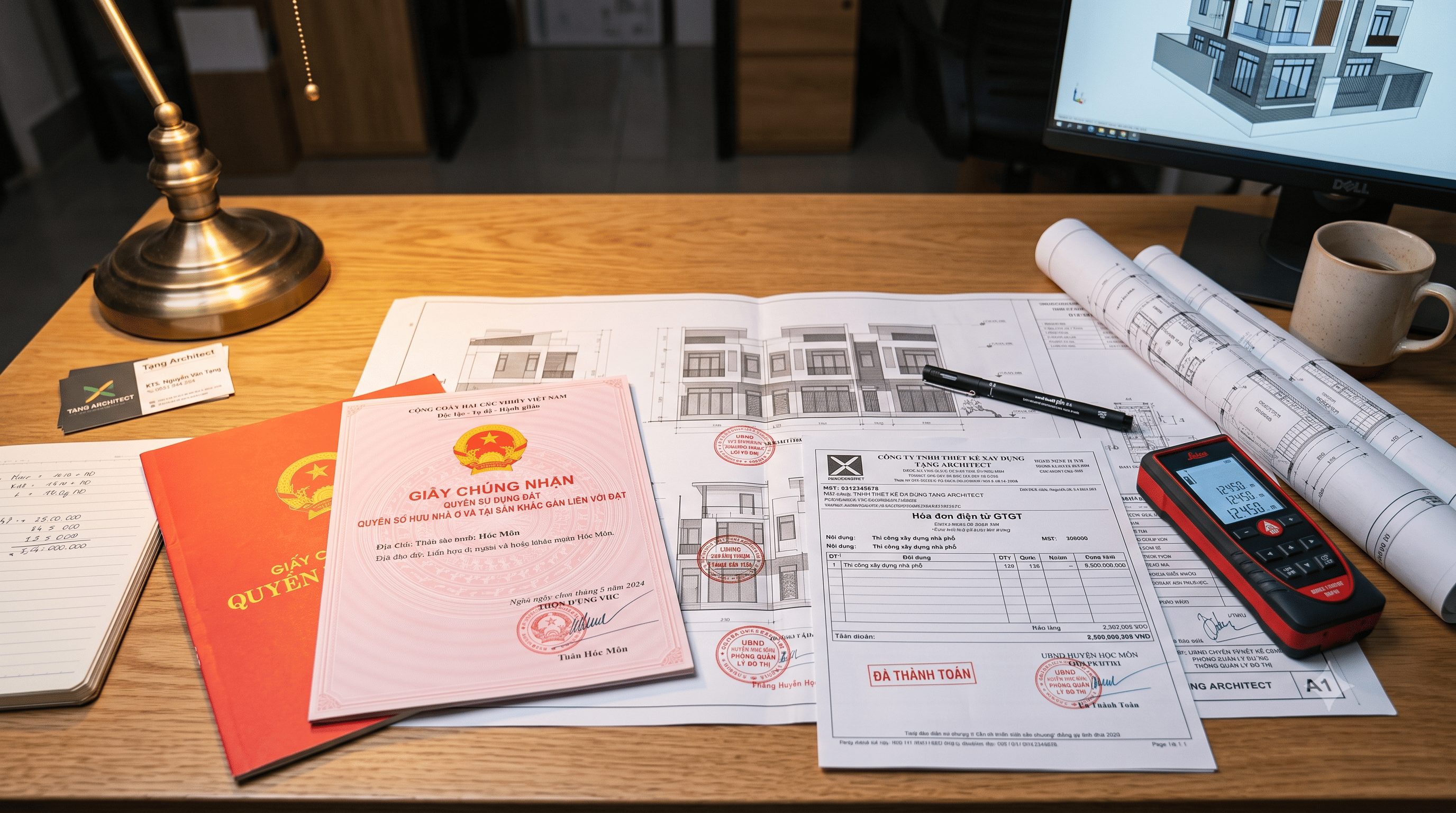 Bộ hồ sơ pháp lý hoàn công nhà ở gồm sổ hồng giấy phép xây dựng và hóa đơn VAT nhà thầu